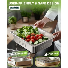 WantJoin Perforated Steam Table Hotel Pans 1/2 Half Size 4 Inch Deep 3 Pack, Stainless Steel Metal Tray Set Food Storage Container, Restaurant Chafing Dishes Commercial Buffet Warmer Catering Supplies