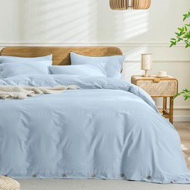 JELLYMONI Cotton Duvet Cover Full Size - Light Blue Comforter Cover with Button 100% Washed Cotton 3PCS Breathable Soft Solid Bedding Set Duvet Cover 80×90in & 2 Pillowcases (NO Comforter)
