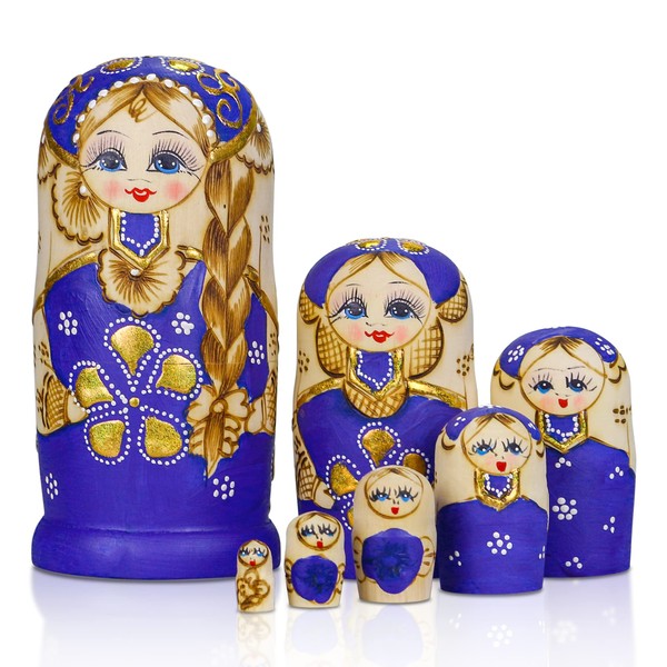 Starxing Russian Style Nesting Dolls Matryoshka Wood Stacking Nested Set 7 Pieces Handmade Toys for Children Kids Christmas Halloween Easter Mother's Day Birthday Home Room Decoration Gift (Blue)