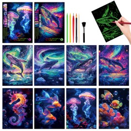 2 Satz Kratzbilder Set,Rainbow A4 Bunte Kratzpapier,Kratzmalerei A4 für Kinder & Erwachsene,Scratch Art Papier und Stift Set DIY Bastelsets Wale,Maritime Welt