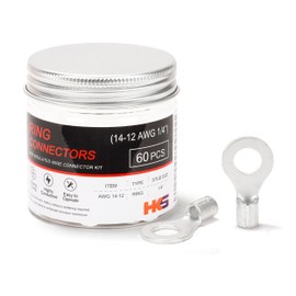 HKS 60PCS Non-Insulated Ring Terminals, 1/4” Stud, AWG 14-12 (2.5-4mm²) Tinned Red Copper Crimp Connectors, M6 Bolt Size, Uninsulated Wire Lugs for Electrical Wiring & Automotive Applications