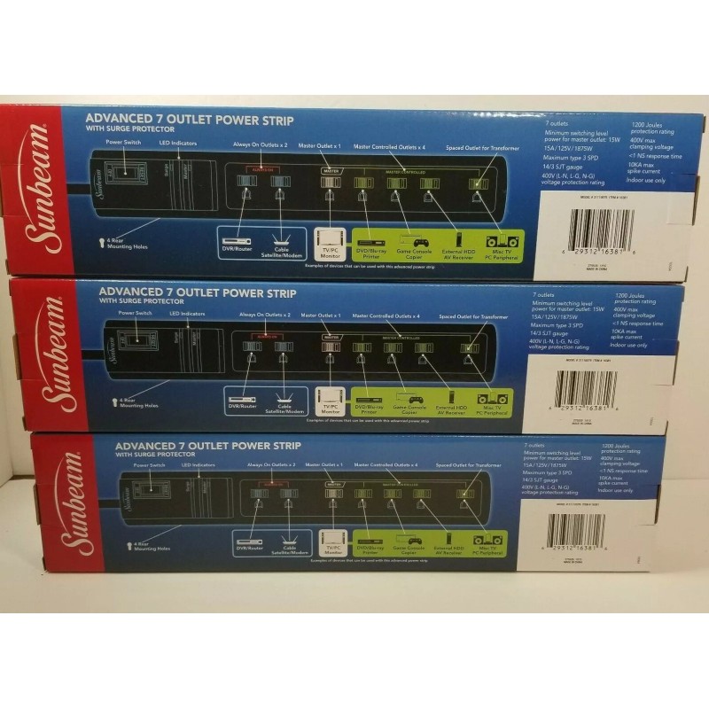 Sunbeam Qty 3 Sunbeam Advance 7 Outlet Power Strip With