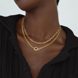 CHESKY Gold Layered Necklaces for Women, 14K Dainty Gold Chain Necklace Women Trendy Cuban Link Paperclip Chain Toggle Clasp Necklace Fashion Chunky Jewelry for Women