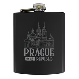 Prague Czech Republic Souvenir 7 oz Engraved Steel Flask Matte Finish Black Single