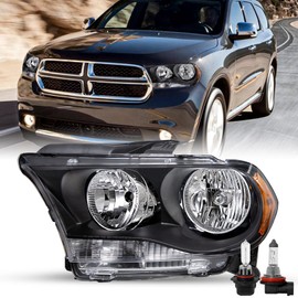 JSBOYAT Left Driver Side W/Bulbs Halogen Headlight Assembly Replacement for 2011-2013 Dodge Durango Headlamp Black Housing Amber Reflector(NOT for HID Model