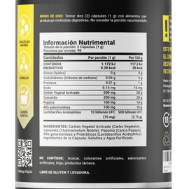 Gas Relief de 180 cápsulas. Ingredientes naturales: Carbón Vegetal, Camomila, Papaina, Probióticos. Gas Relief B Life.