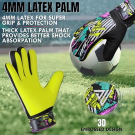 JUU Football Goalkeeper Gloves For Boys, Kids Children Youth Soccer Goalie Gloves with 4mm Latex Finger Spine Protection (Fluroscent Yellow, Size 4 suitable for 6 to 9 years old)