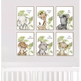 Nursery Decor Africa Leaf Quote Baby Animals Hippo Giraffe Zebra Prints Set of 6