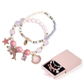 QOWIJEX 1 x Bracelet with Dolphin and Shells, Mood Bracelet with Pendant for Children, Pink Children's Bracelet with Gift Box, Children's Birthday Party Favours, for Girls