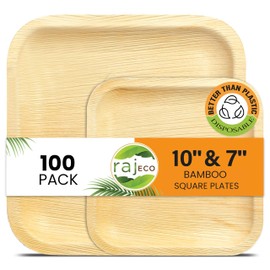 Raj Palm Leaf Plates Disposable Bamboo Plates 10 Inch & 7 Inch Square Party Pack (100 Pc) Compostable and Biodegradable - Better than Plastic & Paper Plate for Lunch, Birthday, Camping