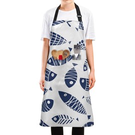Bolaz Apron with Pockets - Blue Fish Paternal，Waterproof Stain Resistant Women Men Unisex Adjustable Perfect for Kitchen Cooking, Grilling, Baking