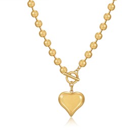 YUJIE Statement Matte Heart Pendant Necklace Vintage Brushed Gold Plated Puff Heart Choker Necklace Chunky Ball Chain Love Sweetheart Valentine's Day Gift