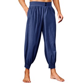 Gafeng Mens Pirate Pants Medieval Renaissance Viking Knicker Colonial Elastic Waist Halloween Cotton Costume Pants, Navy, X-Large