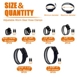 ISPINNER 30pcs Black Hose Clamps 6-51mm(1/4"-2") Adjustable Range 304 Stainless Steel Worm Gear Hose Clamps 6 Sizes Assortment Kit for Plumbing, Automotive, Mechanical Applications (Black)