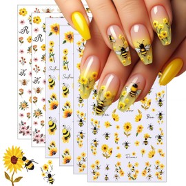 6 Sheets Bee Flower Nail Art Stickers 3D Self Adhesive Sunflower Stickers Yellow Floral Daisy Decals Spring Summer Nails Art Supplies Accessories for Women Girls DIY Manicure Decoration