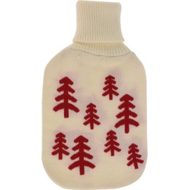 Hot Water Bottle with Fluffy Soft Knitted Cover and Winter Motif 33 cm 1 Litre (Fir Forest - Ecru/Red)
