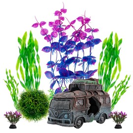 BEGONDIS Underwater Car Wreck with 8 Pieces Plastic Plant Set Artificial Polyresin Aquarium Ornament Aquatic Model Decoration Fish Tank Marine Decor Ornaments