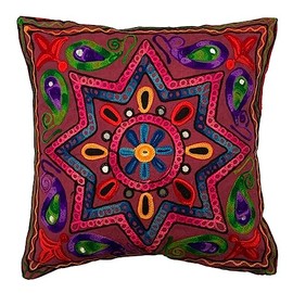 Original Kikan Boho Suzani Indian Star Cushion Cover 40x40cm Multicolor Embroidery Ethnic Pillow Cases Vegan Eco Friendly (Maroon)