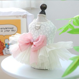 Anelekor White Small Dog Wedding Dress with D-Ring, Bow Knot Puppy Clothes for Small Dog Girl,Cat Birthday Outfit, Pet Party Dress for Kitten Chihuahua Yorkie Pomeranian(White, Large)