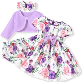 fioukiay Baby Girl Dress and Cardigan Set Infant Girl Bowknot Dresses Outfit Set Clothes with Diaper Cover Fall Winter, 12-18 Months A Purple