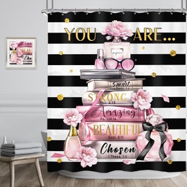 Riyidecor Fashion Quotes Shower Curtain 60Wx72H Inch Woman Black White Striped You are Pink Modern Magazine Books Perfume Flower Inspirational Bathroom Decor Fabric Polyester Waterproof 12 Pack Hooks