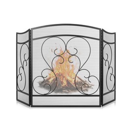 Gtongoko Fireplace Screen 3 Panel 48″ W x 29″ H Heavy Duty Wrought Iron Decorative Fire Spark Guard Gate Cover with Full Hinges for Living Room Home Decor, Black