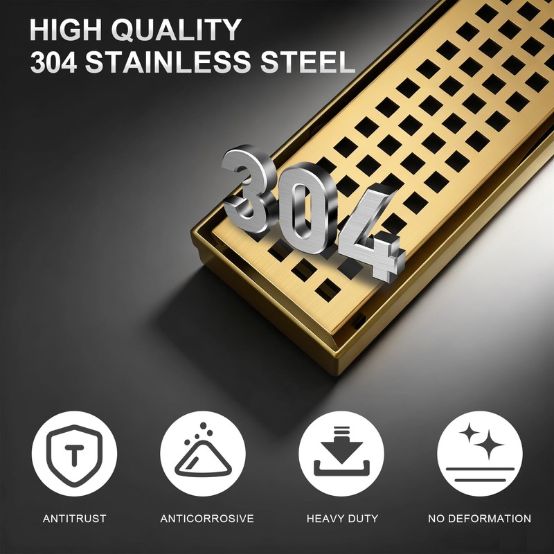 Linear Shower Drain - 18 Inch Brushed Gold, with Grate