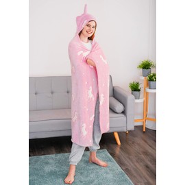 FiNeWaY Glow in The Dark Hooded Throw Blanket Flannel Moon Star Unicorn Gifts for Kids Girls Boys Hoodie Adults Cosy Warm Super Soft Plush Fleece Faux Fur (Unicorn Pink)