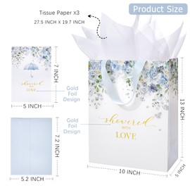 Crisky 13" Large Blue Floral Gift Bag (Showered with Love) with Cards & Tissue Paper for Wedding, Bridal Shower, Engagement Party Favor