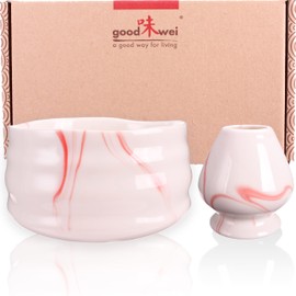 Goodwei Matcha Bowl Pink Marble for Japanese Tea Ceremony (430 ml, with Broom Holder)