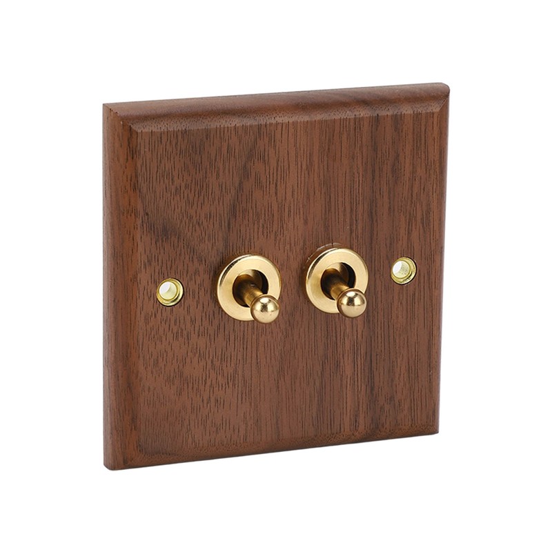 Double Toggle Switch Retro Walnut Wood Wall Mount Panel with