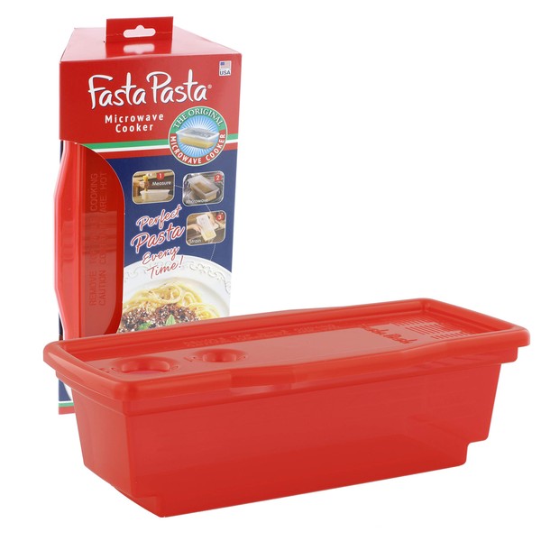 Microwave Pasta Cooker, Uncoated- The Original Fasta Pasta (Red)- Quickly