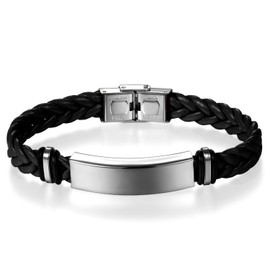 JewelryWe Unisex Braided Leather & Stainless Steel ID Bracelet with Engraving, Customisable, Stainless Steel