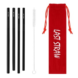 LAST STRAW Red Velvet Collection – Portable 304 Stainless Steel Cocktail Length Eco-Friendly Drinking Straws - Set of 4 Washable Black Metal Straws + Brush + Velvet Carrying Pouch