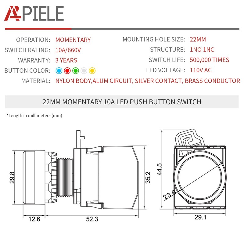 APIELE 22mm Momentary Push Button Switch Metal Head Plastic Body
