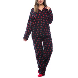 #followme Printed Microfleece Button Front PJ Pant Set with Socks 6370-10235-M, Black - Holiday Tree & Snowflake