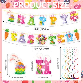 52 Pcs Easter Banner, Happy Easter Garland with Hanging Swirls, Cute Egg Bunny Sign Decorations for Office Home, Easter Party Supplies