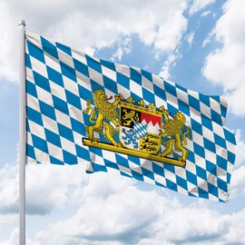 Bavaria Flag - 200 x 120 cm for Flagpole, Bavaria Flag with Lion Crest & Diamond, Hoisting Flag Made of Tear-Resistant Flag Polyester Fabric, Weatherproof and UV-Resistant