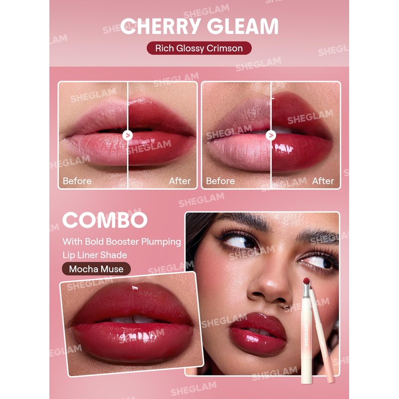SHEGLAM Hydrating Lip Gloss Cruelty-Free Plumping Peptides-Cherry Gleam