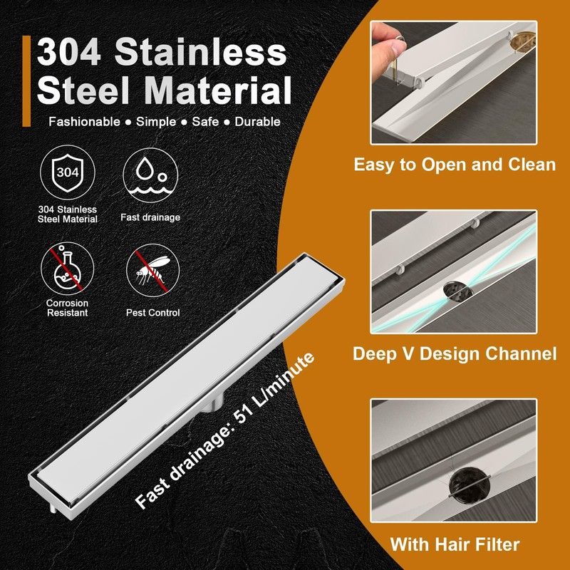 EBYTE Linear Shower Drain 24 Inch - SUS 304 Stainless