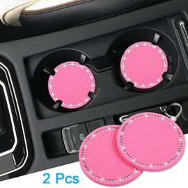 Bling Car Coasters, Wisdompro 2 Pack PVC Car Cup Holder Insert Coaster - Anti Slip Universal Vehicle Interior Accessories Crystal Glitter Cup Mats for Women and Men (2.75" Diameter, Pink)