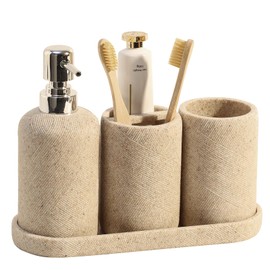 Bathroom Accessories Set, Bathroom Organizer Countertop, Soap Dispenser and Toothbrush Holder, Mouthwash Cup, Tray Set, Vanity Tray for Bathroom, 4 Pieces Modern Decor (Beige)