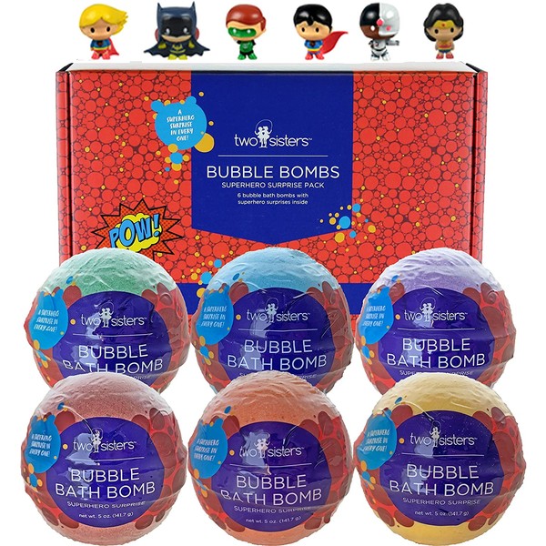 Two Sisters Spa Bubble Bombs Superhero Surprise Set | Bath Bombs for Kids with Toys Inside | 6-Pack Set in a Gift Box | Safe for Sensitive Skin | Fizzy and Bubbly Bath Balls for Boys and Girls