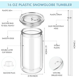 Nuenen 20 Pcs 16 oz Plastic Snow Globe Tumbler Pre Drilled Double Wall Plastic Can with Lid and Straw Double Wall Snowglobe Cup with Colorful Lid Mason Jar Cups for Snow Globe Glitter DIY Gift