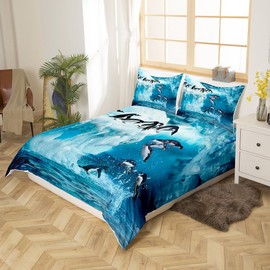 Cute Penguin Duvet Cover Polar Animal Pattern Bedding Set Funny Penguins Printed Comforter Cover for Boys Girls Kids Room Decor Winter Blue Nature Bedspread Cover Queen Size with 2 Pillow Case