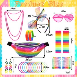 80s Fancy Dress Costume Accessories for Women Girls, 9Pcs Rainbow Accessories Set with Lace Headband Earrings Necklace Bracelets Waist Bag Fishnet Gloves Leg Warmers for 80s Retro Party Dress up Day