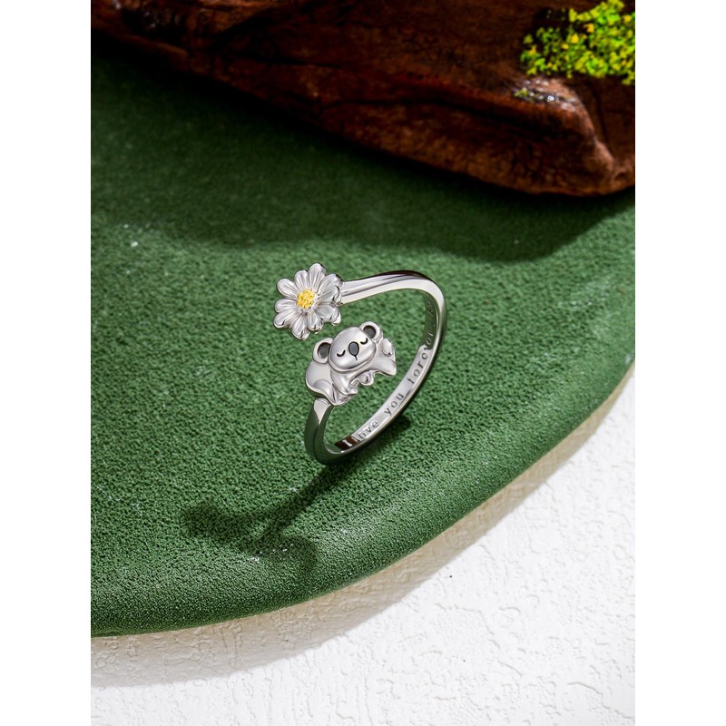Cargari Koala Open Ring 925 Sterling Silver Koala Adjustable Ring