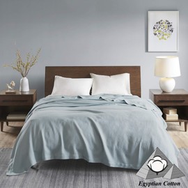 Madison Park Soft Certified 100% Egyptian Cotton Breathable Cozy Blanket, Waffle Knit Classic Design, Luxury All Season Lightweight Cover for Bed, Couch and Sofa, Light Blue Full/Queen(90"x90")