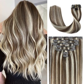 WindTouch Clip in Hair Extensions Human Hair, 12 Inch 70g 7pcs Medium Brown Highlights Bleach Blonde Hair Extensions for Women clip in, Natural Straight Remy Human Hair Clip ins for Women