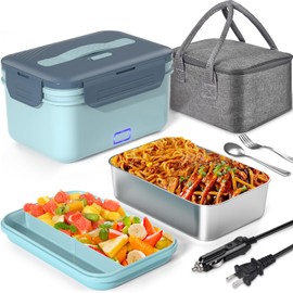 Akhia Electric Lunch Box for Adults, 100W/1.8L Heated Lunch Box for Men Work/Car/Truck, Portable Food Warmer Lunch Box Upgraded with Fork&Spoon and Insulated Carry Bag, 12V/24V/110V